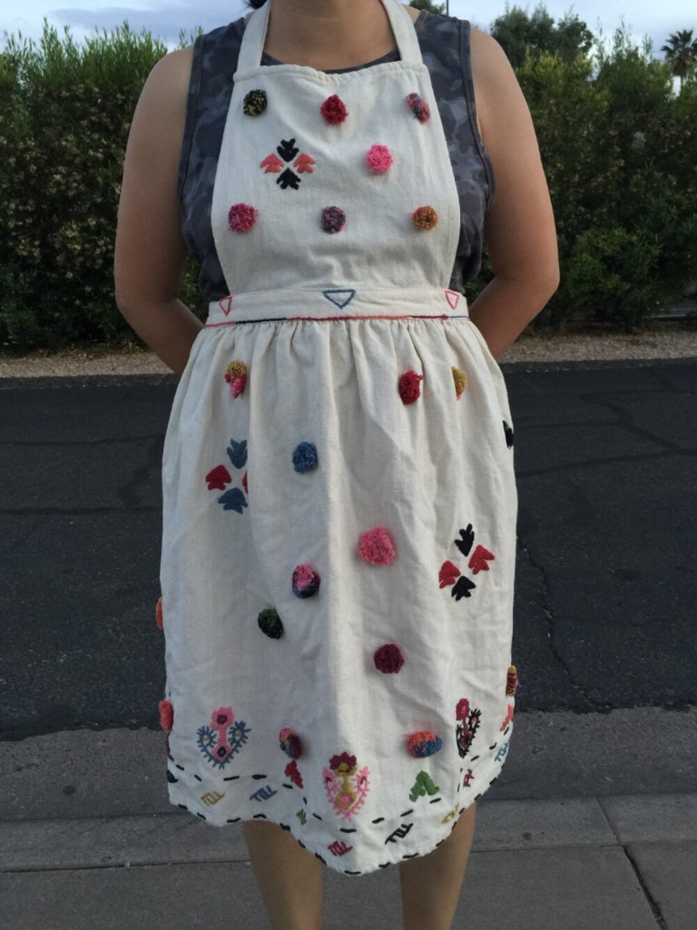 Rare Anthropologie Pom Pom Embroidered Halter Apron Cotton Tufted Textured Y2K